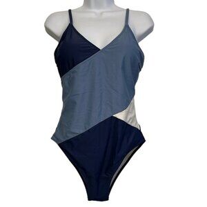 Swimsuit Tricolor Navy/White/Blue V-Neck Size Medium EUC #1246